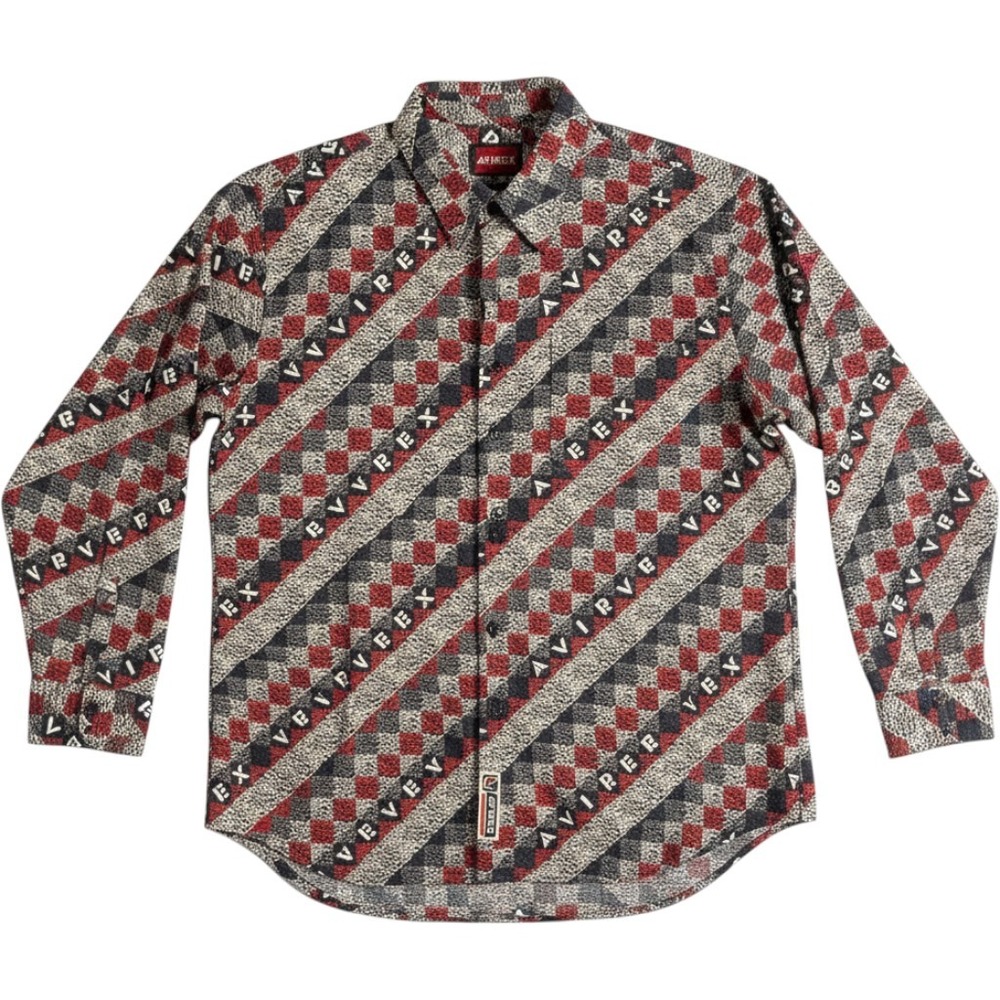 Avirex Shirt Men X-Large Red Blue Geometric Logo Polyester Vintage Preppy EUC
